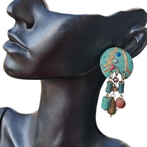 Vintage 80s Memphis Design Abstract Dangle Earrings Teal Gold Geometric